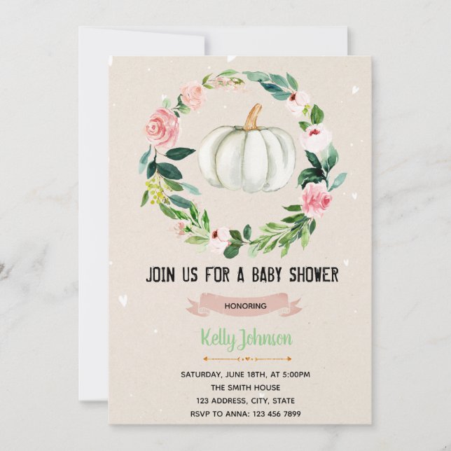 Rose white pumpkin shower birthday invitation (Front)