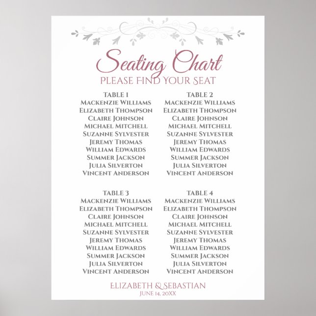 Rose & White Simple 4 Table Wedding Seating Chart (Front)