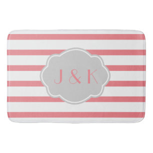 Rose/White Stripes w Grey, add initials Bath Mat