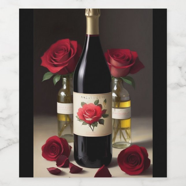 Rose Wine Label (A beautifully arranged wine bottle surrounded by vibrant red roses.  )