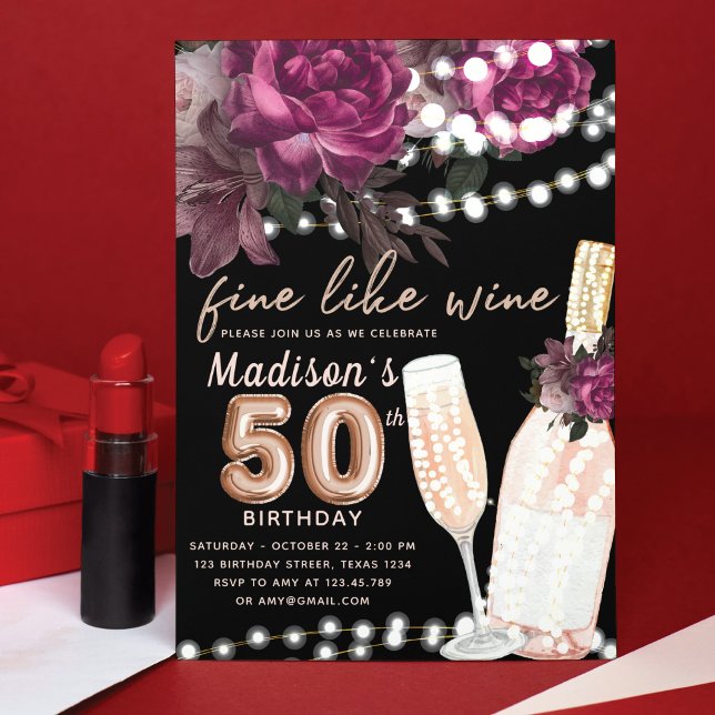 Rose Wine Luxury 50th Birthday  Invitation (Creator Uploaded)