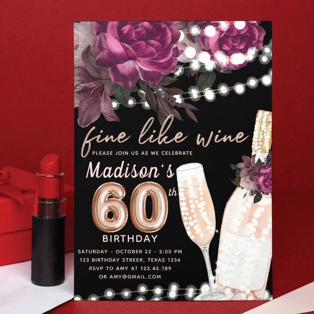 Rose Wine Luxury 60th Birthday  Invitation (Creator Uploaded)