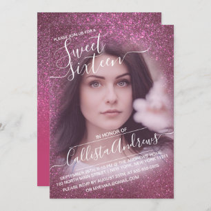Rose Wine Pink Glitter Ombre Photo Sweet 16 Invitation
