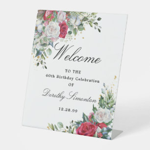 Rose Winter Greenery 60th Birthday Welcome Pedestal Sign