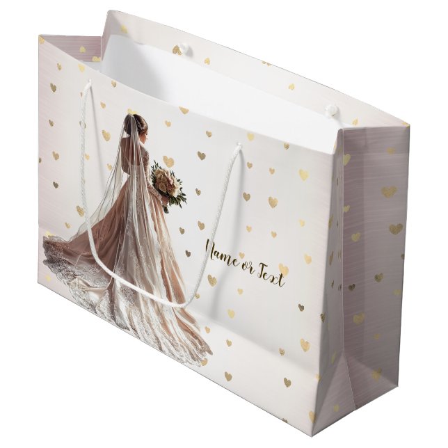 Rose Winter Wedding Bride Golden Shiny Heart Party Large Gift Bag (Front Angled)