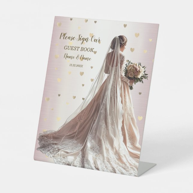 Rose Winter Wedding Bride Golden Shiny Heart Party Pedestal Sign (Front)
