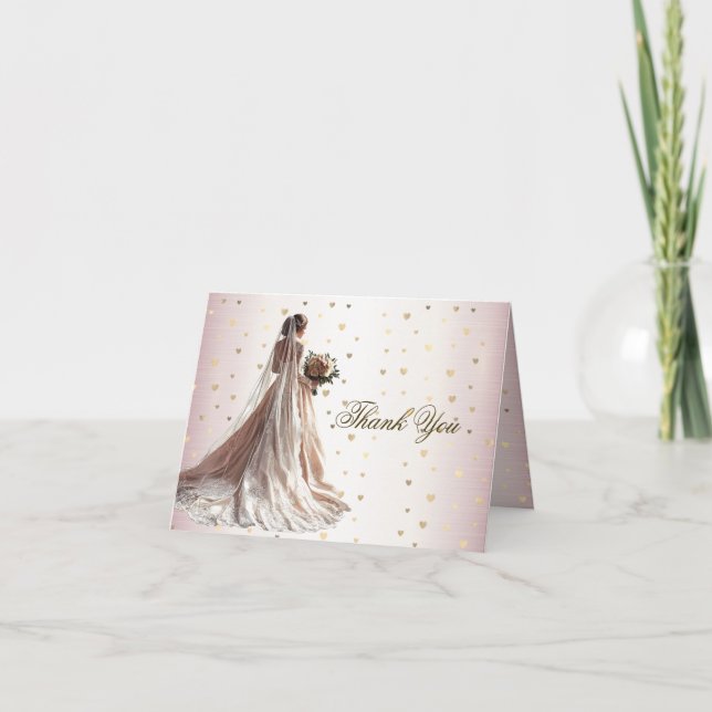 Rose Winter Wedding Bride Golden Shiny Heart Party Thank You Card (Front)