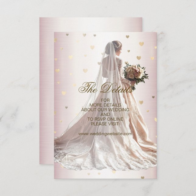 Rose Winter Wedding Bride Golden Shiny Hearts Enclosure Card (Front/Back)