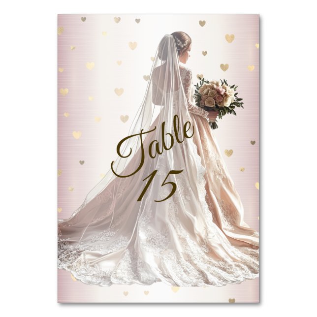 Rose Winter Wedding Bride Golden Shiny Hearts Table Number (Front)