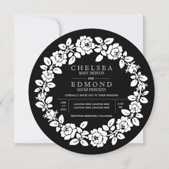 Rose wreath black and white modern wedding invitation (Front)