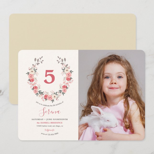 Rose Wreath Fifth Birthday Invitation (Front/Back)