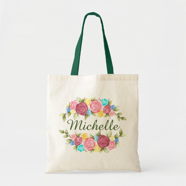 Rose Wreath Floral Name Tote Bag (Front)