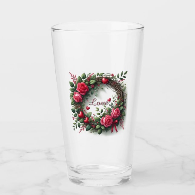 Rose Wreath Love Valentine's Day Glass Cup (Front)