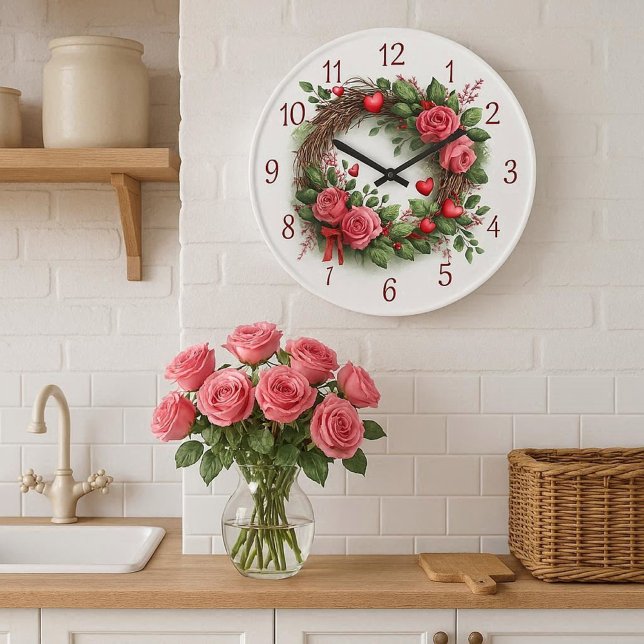 Rose Wreath with Red Hearts  Large Clock (Farmhouse-chic design featuring a pink rose wall clock, making it an ideal housewarming gift)