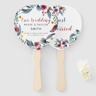Rose, Yellow & Blu Watercolor Floral Just Married Hand Fan