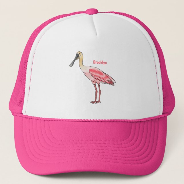 Roseate spoonbill bird cartoon illustration  trucker hat (Front)