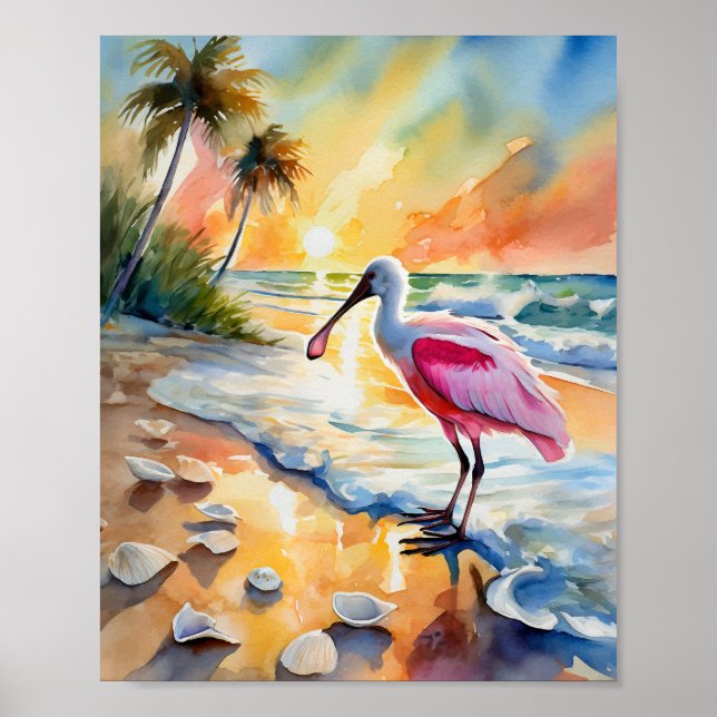 Roseate Spoonbill Florida Sunset Watercolor Poster (Front)