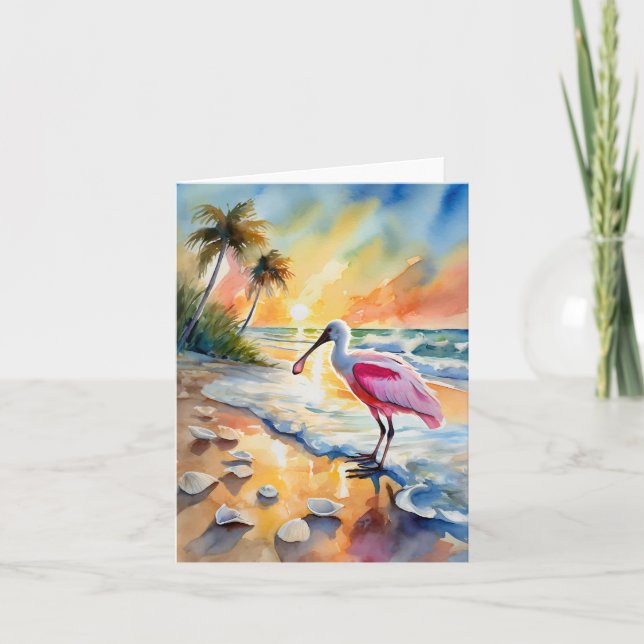Roseate Spoonbill Florida Watercolor Card (Front)