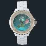 ROSEBUD JEWEL AND DIAMONDS MONOGRAM Blue Gem Watch<br><div class="desc">Elegant floral design , pink rosebud and diamonds in teal blue with 3D pink gemstones.</div>