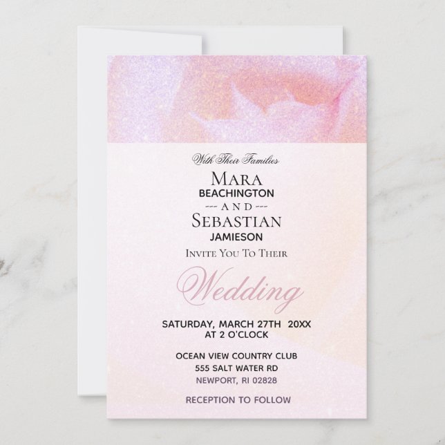 ~ Rosebud Roses Faux Glitter Peach Pink Wedding Invitation (Front)