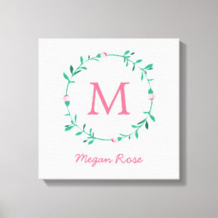 Rosebud Wreath Pink & Green Name Nursery Art Canvas Print