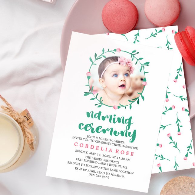 Rosebud Wreath | Pink & Green Naming Ceremony Invitation (Creator Uploaded)