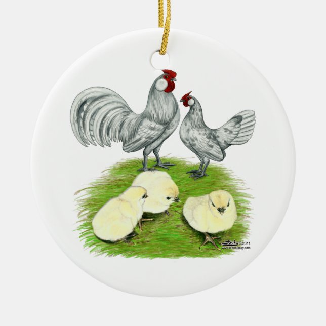 Rosecomb Bantams and Chicks Ceramic Tree Decoration (Front)
