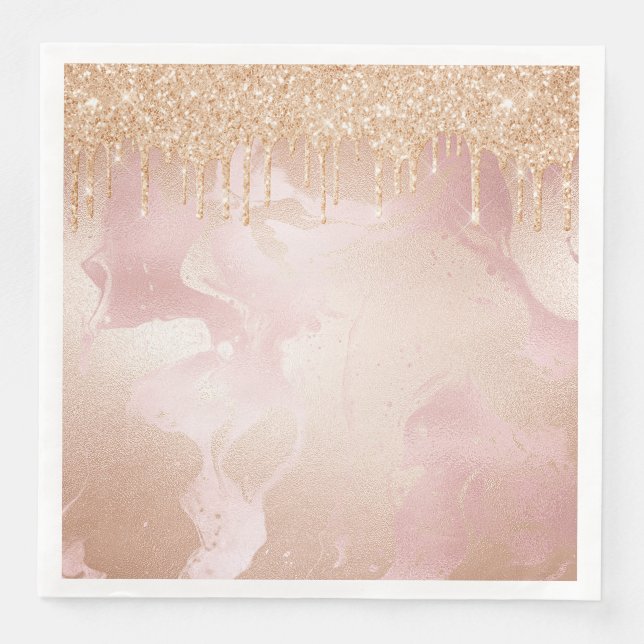 Rosegold Blush Marble with Gold Glitter Droplets Napkin (Front)