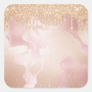 Rosegold Blush Marble with Gold Glitter Droplets Square Sticker