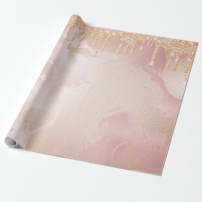 Rosegold Blush Marble with Gold Glitter Droplets Wrapping Paper (Unrolled)