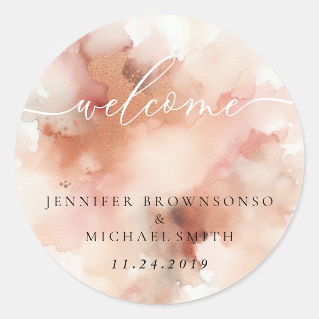 RoseGold Earthtone Watercolor Wedding Welcome Classic Round Sticker (Front)
