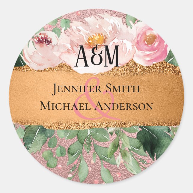 RoseGold Metallic Glitter Floral Foil Look Wedding Classic Round Sticker (Front)