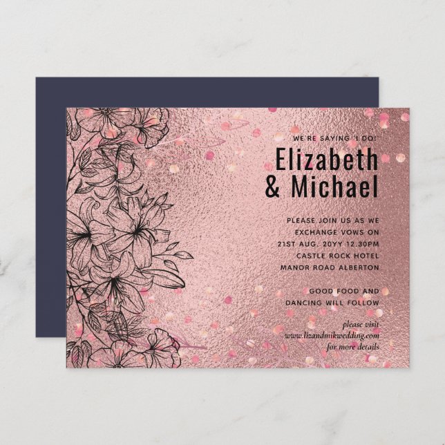 Rosegold Metallic WEDDING Glitter Look Invitation Postcard (Front/Back)