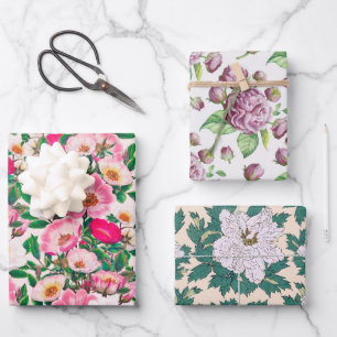 Rosehip Camellia & Peony Flowers Wrapping Paper Sheet