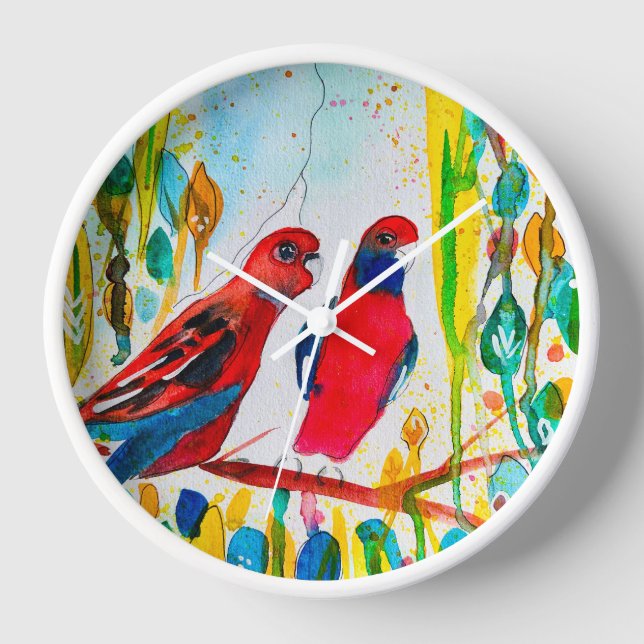 Rosella birds in tree watercolor art clock (Front)