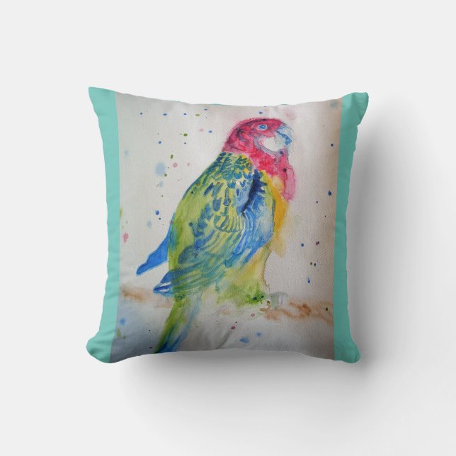 Rosella Parrot bird art Watercolor Cushion Aqua (Front)