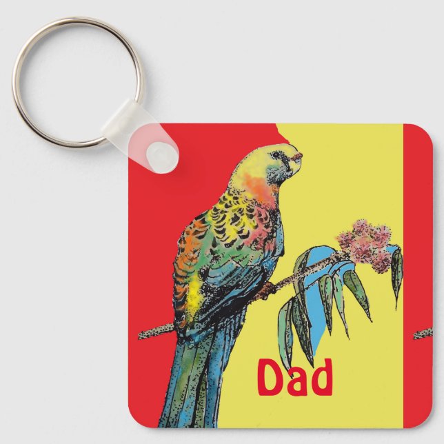 Rosella Parrot Watercolor Dad father Name Key Ring (Front)