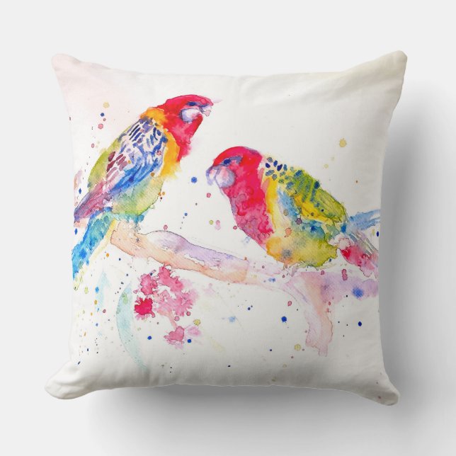 Rosella Red Parrot Parrots Watercolor Painting Cushion (Front)
