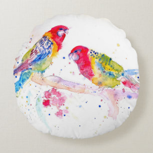 Rosella Red Parrot Parrots Watercolor Painting Round Cushion