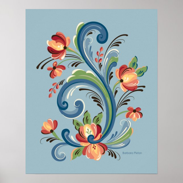 Rosemaling Blue and Red Poster (Front)