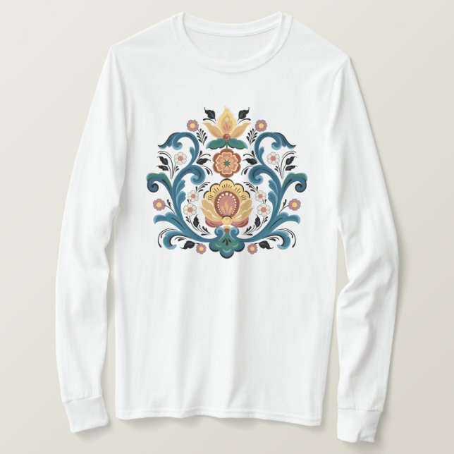 Rosemaling Gold and Burgundy T-Shirt (Design Front)