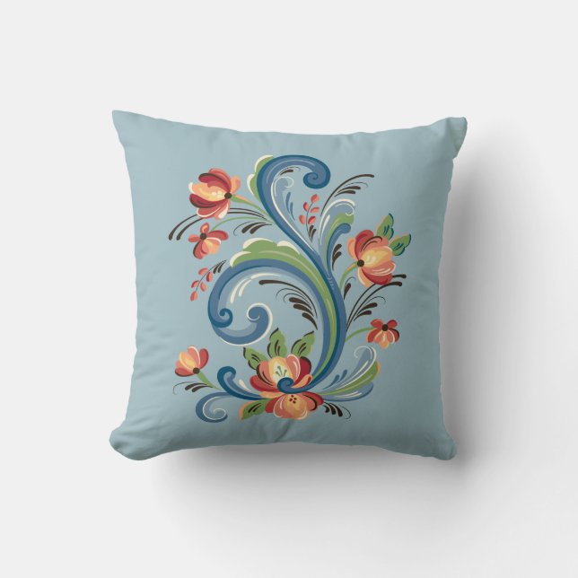 Rosemaling in Blue and Red Cushion (Front)