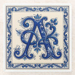 Rosemaling Monogram Prussian Blue Glass Coaster<br><div class="desc">Celebrate your heritage with this elegant, hand-painted style Telemark Rosemaling design. Featuring the letter A, this piece captures the traditional Norwegian folk art style characterized by its flowing asymmetrical scrolls, intricate leaf work, and delicate linework. The palette is a striking combination of deep Prussian blue, crisp white, and bold black,...</div>