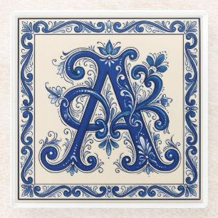 Rosemaling Monogram Prussian Blue Glass Coaster