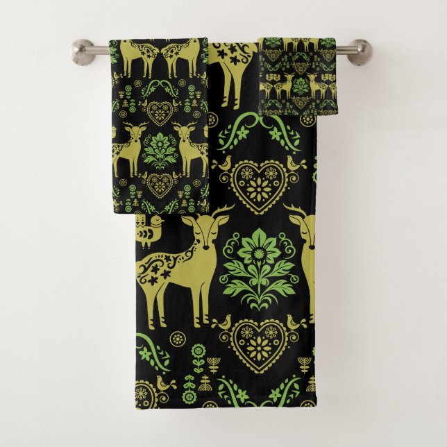 Rosemaling Norwegian Folk Art Bath Towel Set (Insitu)
