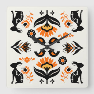 Rosemaling Norwegian Folk Art Square Wall Clock