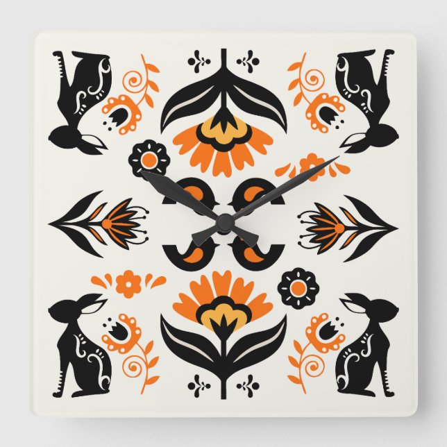 Rosemaling Norwegian Folk Art Square Wall Clock (Front)