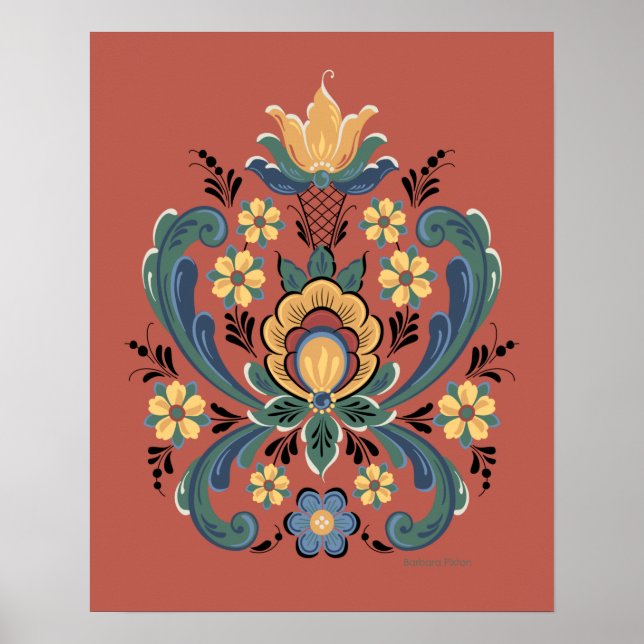 Rosemaling Red and Gold Poster (Front)