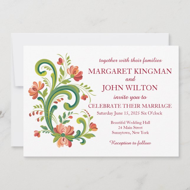 Rosemaling Red and Pink Wedding Invitation (Front)