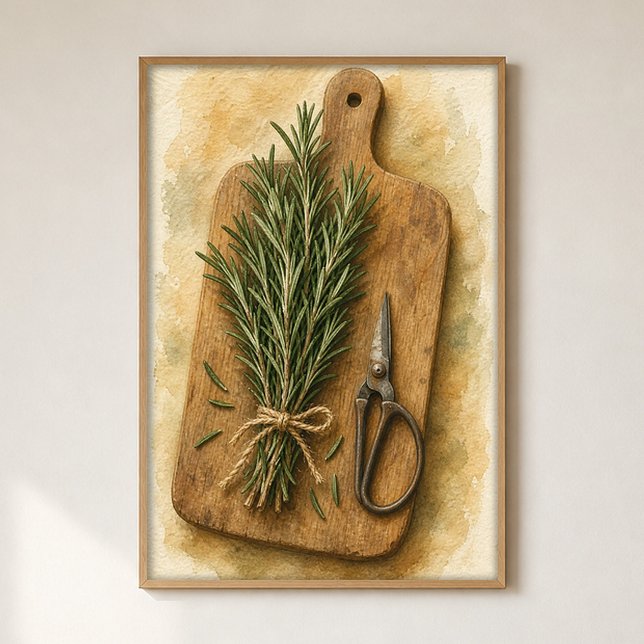 Rosemary Bundle and Shears Watercolour Poster (Shown framed for scale. Poster ships unframed; frames are an optional add-on.)